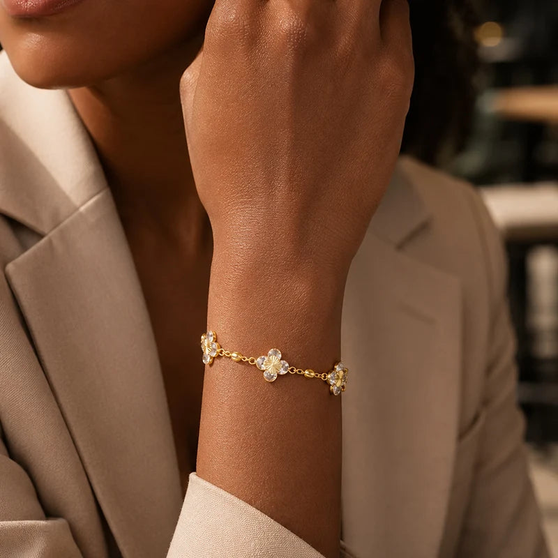 Lucky Clover Bracelet for Women 14K Gold Plated Sparkling CZ Flower Charm Bracelet Adjustable Chain Jewelry Elegant Gift