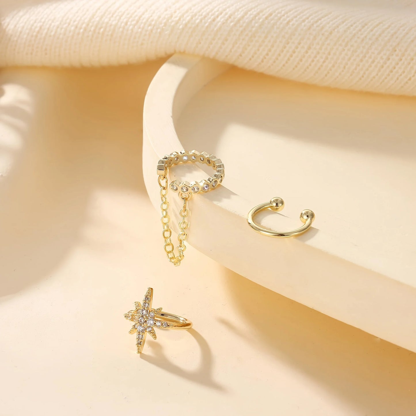 Adjustable Gold Plated Ear Cuffs for Women CZ Star Chain Design Non-Pierced Ear Cuffs Suitable for All Ears Layered Jewelry Gift