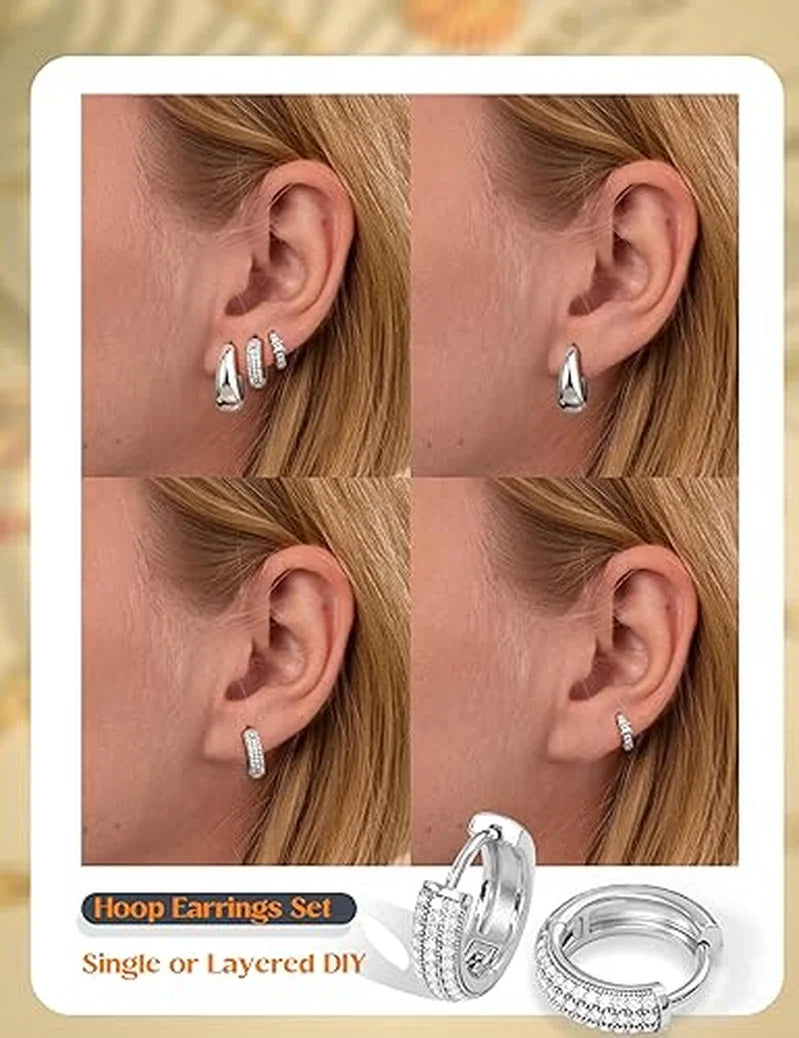 3pcs Sparkling CZ Hoops Earrings Set Women Silver Plated Huggie Hoop Earrings Minimalist Ear Stack Jewelry Gift