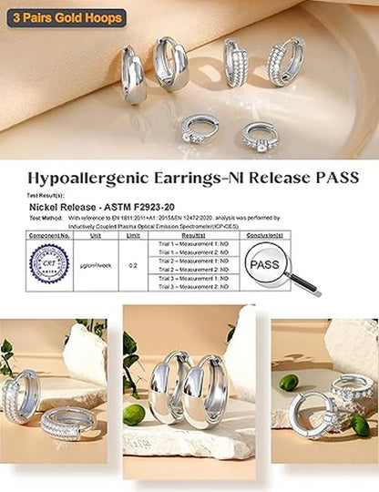 3pcs Sparkling CZ Hoops Earrings Set Women Silver Plated Huggie Hoop Earrings Minimalist Ear Stack Jewelry Gift