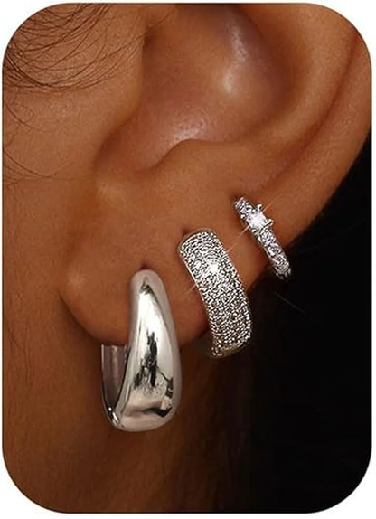 3pcs Sparkling CZ Hoops Earrings Set Women Silver Plated Huggie Hoop Earrings Minimalist Ear Stack Jewelry Gift