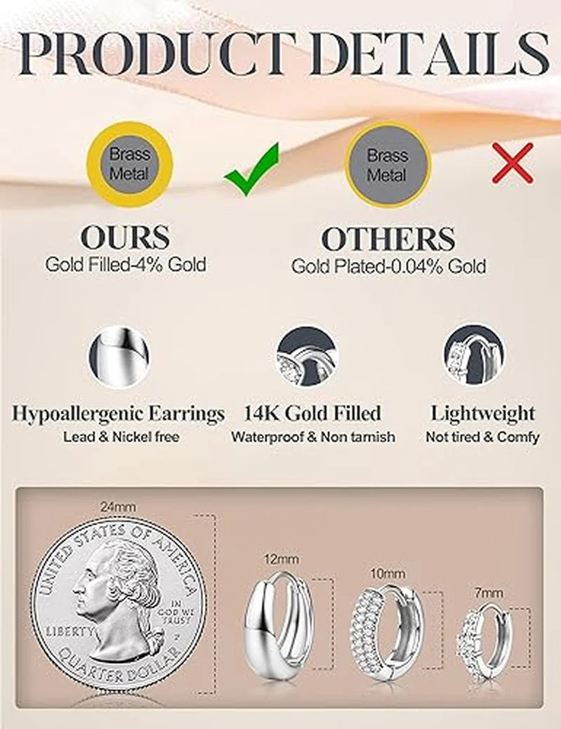 3pcs Sparkling CZ Hoops Earrings Set Women Silver Plated Huggie Hoop Earrings Minimalist Ear Stack Jewelry Gift