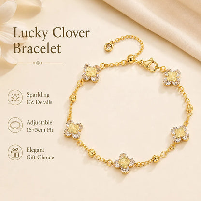 Lucky Clover Bracelet for Women 14K Gold Plated Sparkling CZ Flower Charm Bracelet Adjustable Chain Jewelry Elegant Gift