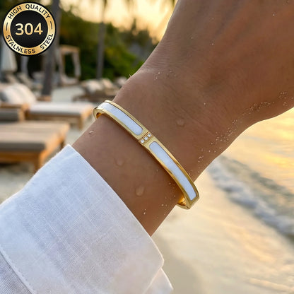 304 Stainless Steel Bangle Bracelet for Women White Shell Inlaid CZ Crystal Open Cuff Bangle Waterproof No Fade Daily Jewelry