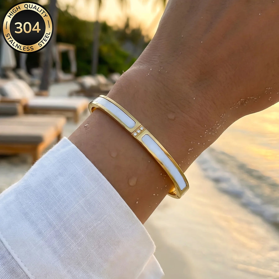 304 Stainless Steel Bangle Bracelet for Women White Shell Inlaid CZ Crystal Open Cuff Bangle Waterproof No Fade Daily Jewelry