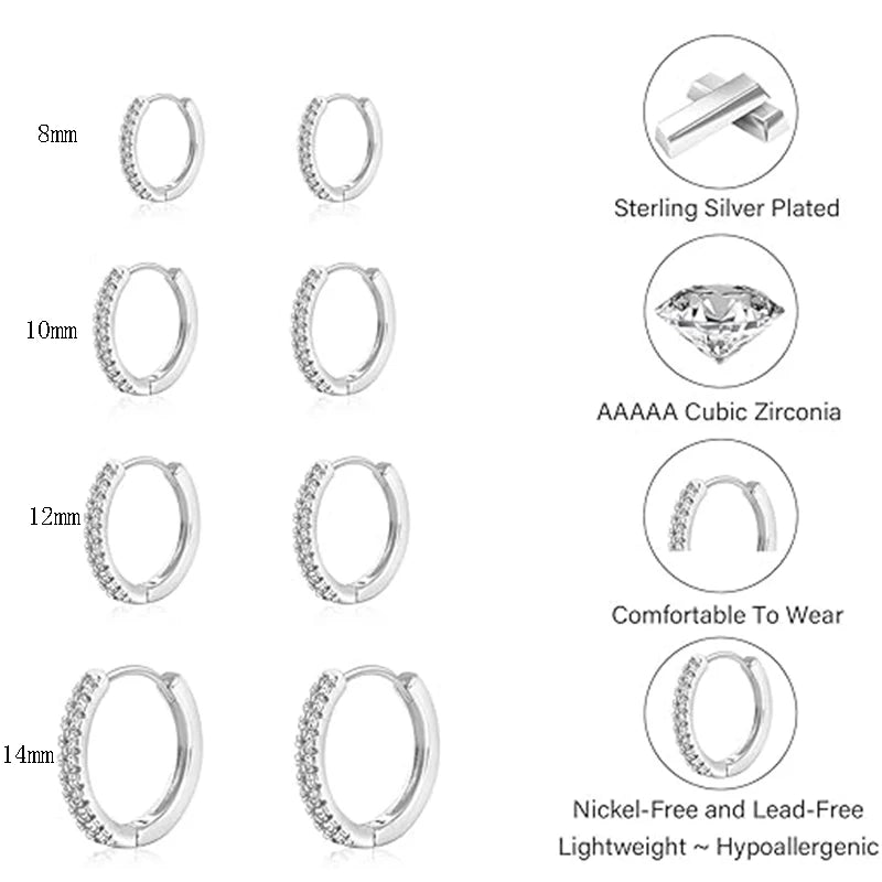 4 Pairs Small 925 Silver Plated CZ Hoop Earrings Set Cartilage Helix Sparkling Cubic Zirconia Huggie Hoops Earrings for Women
