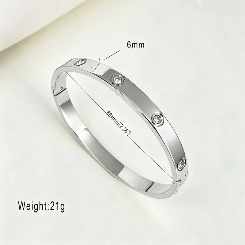 304 Stainless Steel Bangle Bracelet for Women White Shell Inlaid CZ Crystal Open Cuff Bangle Waterproof No Fade Daily Jewelry