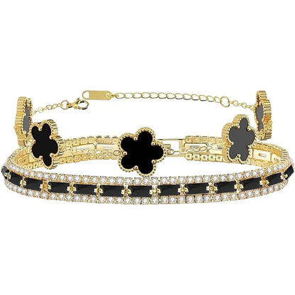 2Pcs Stackable Gold Bracelet Set for Women Cubic Zirconia Tennis Bracelet 18K Gold Plated Flower Bracelet Set Trendy Gifts