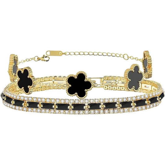 2Pcs Stackable Gold Bracelet Set for Women Cubic Zirconia Tennis Bracelet 18K Gold Plated Flower Bracelet Set Trendy Gifts