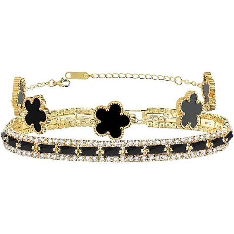 2Pcs Stackable Gold Bracelet Set for Women Cubic Zirconia Tennis Bracelet 18K Gold Plated Flower Bracelet Set Trendy Gifts