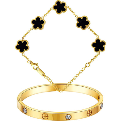 18K Gold Plated Bracelets for Women-2Pcs Love Cubic Zirconia Lucky Five Leaf Link Bracelets Dainty Bangle Stack Jewelry Set Gift