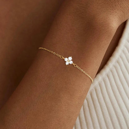14K Gold/Silver Plated Flower Bracelets for Women Cubic Zirconia Four Clover Leaf Charm Dainty Bracelets Shiny Jewelry Gifts