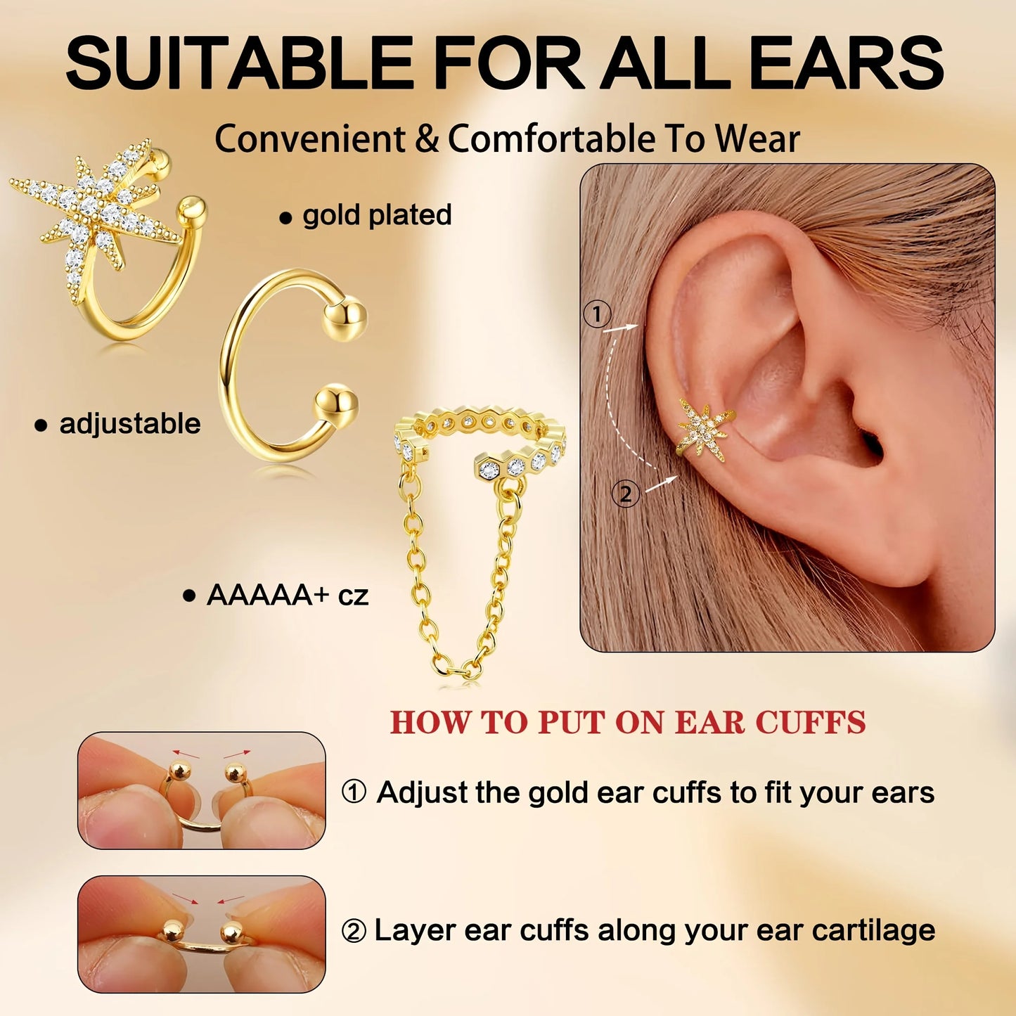Adjustable Gold Plated Ear Cuffs for Women CZ Star Chain Design Non-Pierced Ear Cuffs Suitable for All Ears Layered Jewelry Gift