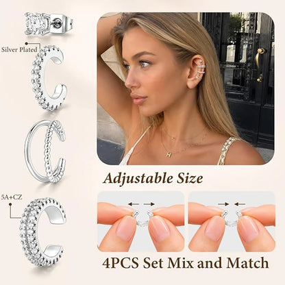 4PCS Ear Cuffs Non Piercing Adjustable Clip‑on Earrings Sparkling Zircon Cartilage Ear Clips Stackable Wear Jewelry for Women