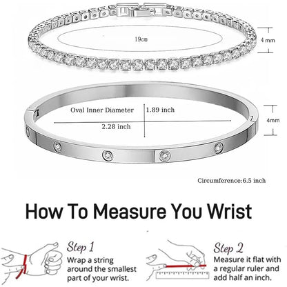 2Pcs/Set 18K Gold Plated Dainty Tennis Bracelets Love Bangle Bracelets 4/6mm Cubic Zirconia Classic Tennis Bracele for Women