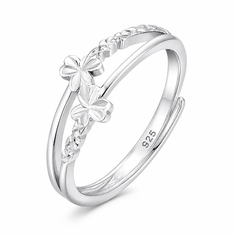 S925 Sterling Silver Triple Flower Open Ring Double Layer Adjustable Ring Minimalist Dainty Floral Jewelry for Women