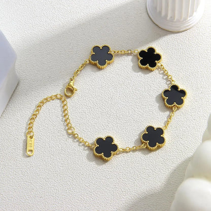 18K Gold Plated Bracelets for Women-2Pcs Love Cubic Zirconia Lucky Five Leaf Link Bracelets Dainty Bangle Stack Jewelry Set Gift