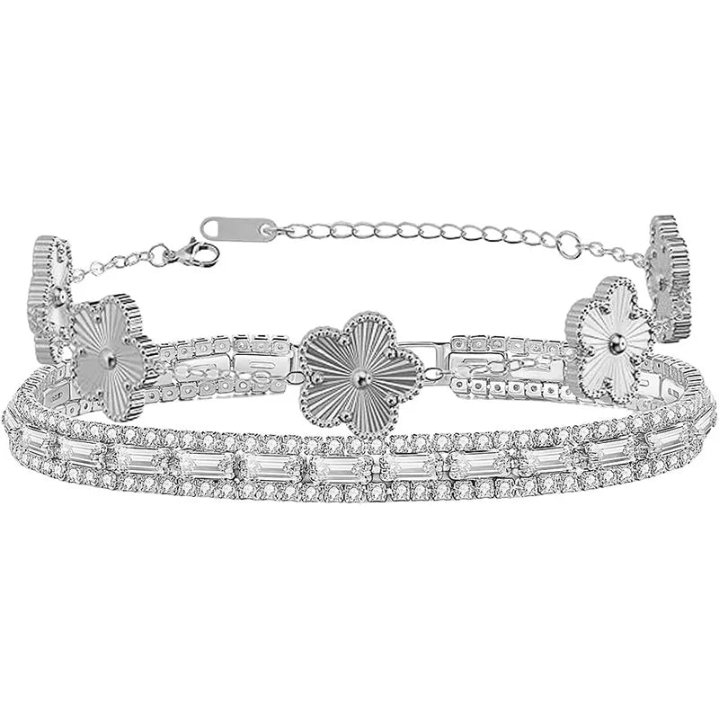 2Pcs Stackable Gold Bracelet Set for Women Cubic Zirconia Tennis Bracelet 18K Gold Plated Flower Bracelet Set Trendy Gifts