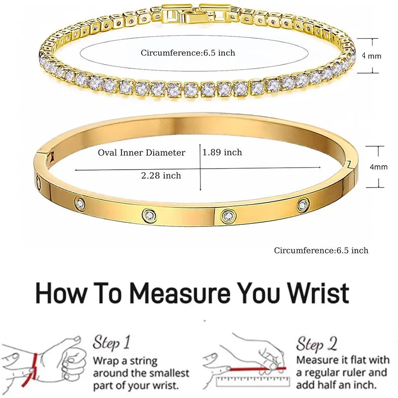 2Pcs/Set 18K Gold Plated Dainty Tennis Bracelets Love Bangle Bracelets 4/6mm Cubic Zirconia Classic Tennis Bracele for Women