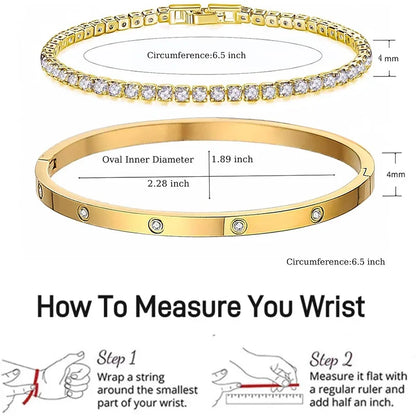 2Pcs/Set 18K Gold Plated Dainty Tennis Bracelets Love Bangle Bracelets 4/6mm Cubic Zirconia Classic Tennis Bracele for Women