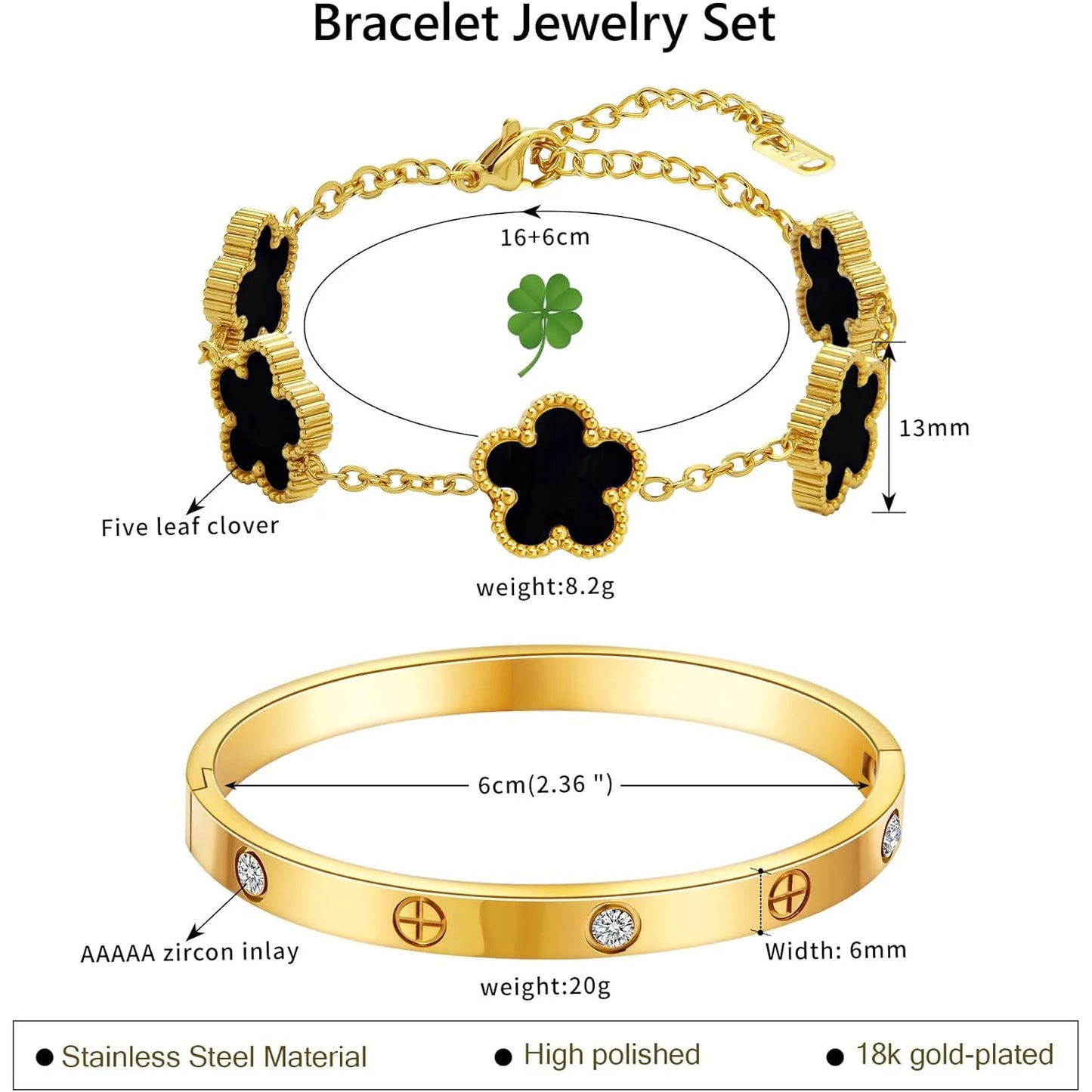18K Gold Plated Bracelets for Women-2Pcs Love Cubic Zirconia Lucky Five Leaf Link Bracelets Dainty Bangle Stack Jewelry Set Gift