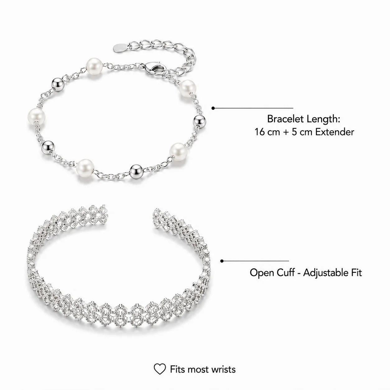 925 Silver Plated Bracelet Set for Women Pearl Chain Layered Bracelet Hollow Flower Adjustable Minimalist Jewelry Gift