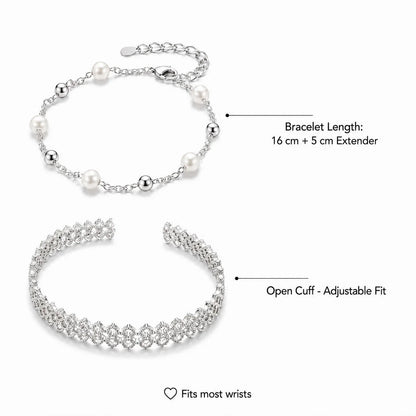 925 Silver Plated Bracelet Set for Women Pearl Chain Layered Bracelet Hollow Flower Adjustable Minimalist Jewelry Gift