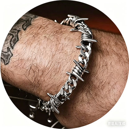Barbed Wire Cuban Link Bracelet 18K Gold Plated Stainless Steel Gothic Punk Thorns Hand Chain Bracelet for Men Women Jewelry