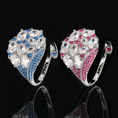 S925 Silver Multi-Color CZ Peacock Open Ring Fine Ruby Blue Kyanite Sparkling Adjustable Statement Ring for Women Jewelry Gifts