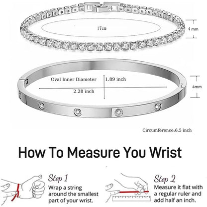 2Pcs/Set 18K Gold Plated Dainty Tennis Bracelets Love Bangle Bracelets 4/6mm Cubic Zirconia Classic Tennis Bracele for Women