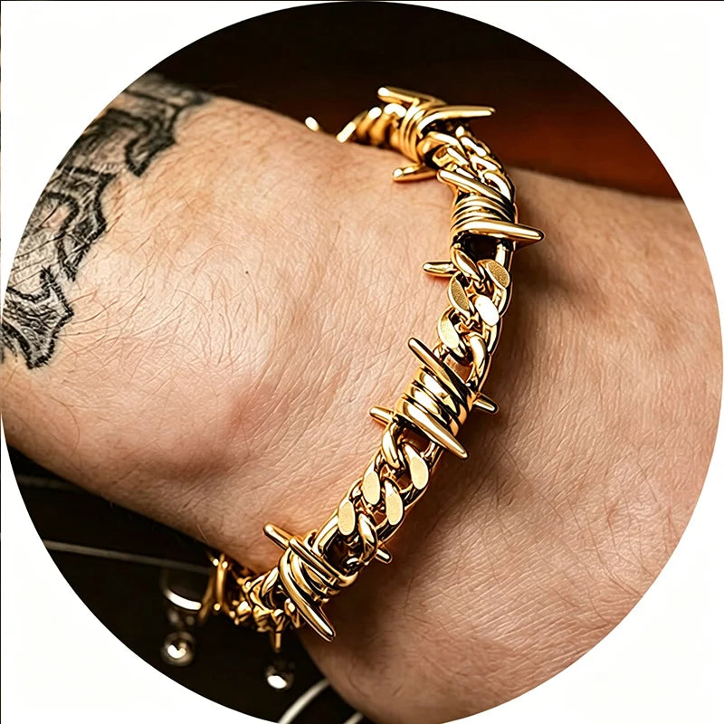 Barbed Wire Cuban Link Bracelet 18K Gold Plated Stainless Steel Gothic Punk Thorns Hand Chain Bracelet for Men Women Jewelry