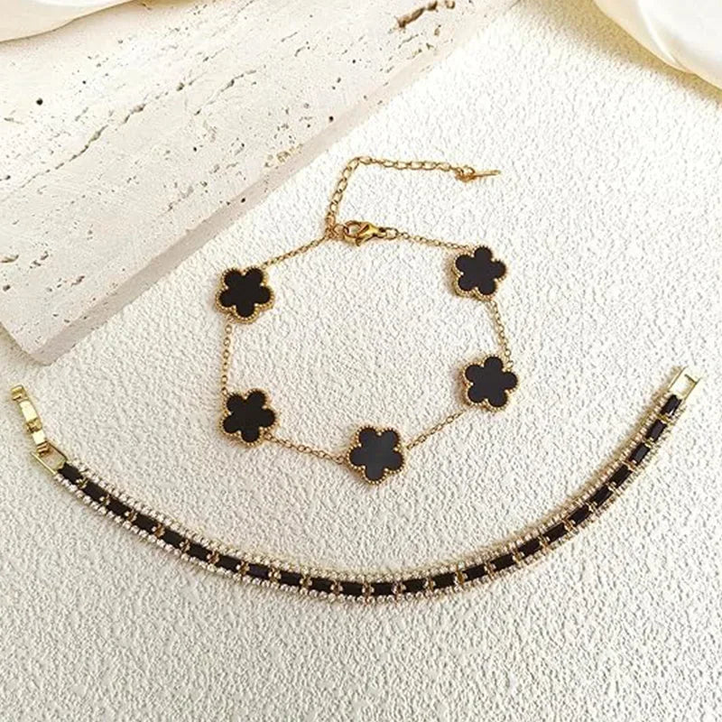 2Pcs Stackable Gold Bracelet Set for Women Cubic Zirconia Tennis Bracelet 18K Gold Plated Flower Bracelet Set Trendy Gifts