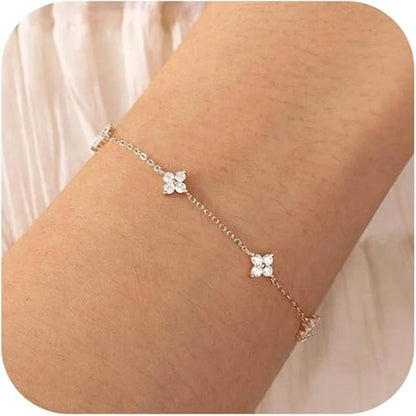 14K Gold/Silver Plated Flower Bracelets for Women Cubic Zirconia Four Clover Leaf Charm Dainty Bracelets Shiny Jewelry Gifts