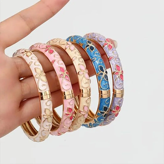 Cloisonne Bracelet For Women Flower Shaped Enamel Bling Chunky Bangle Trendy Colorful Gold Plated Vintage Stackable Jewelry