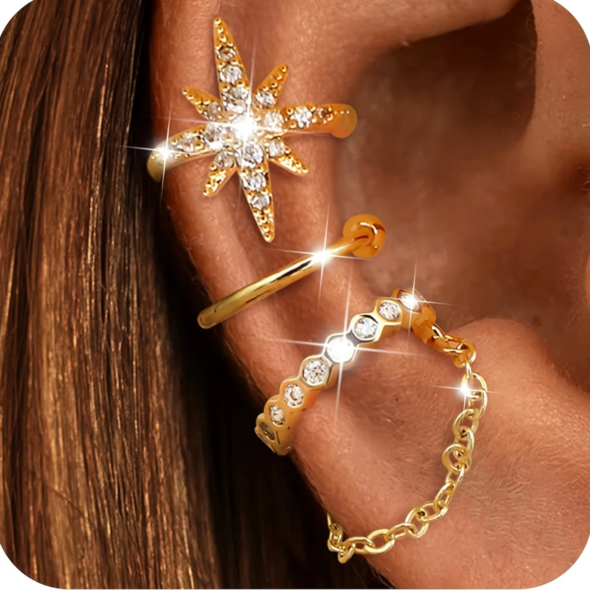 Adjustable Gold Plated Ear Cuffs for Women CZ Star Chain Design Non-Pierced Ear Cuffs Suitable for All Ears Layered Jewelry Gift