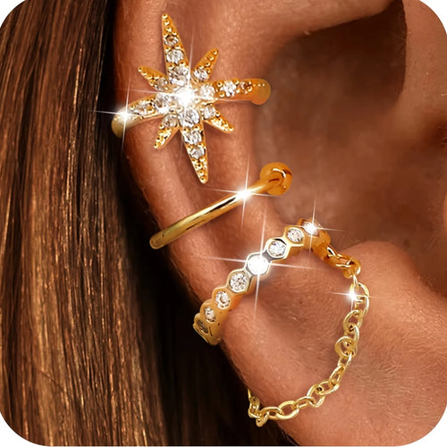 Adjustable Gold Plated Ear Cuffs for Women CZ Star Chain Design Non-Pierced Ear Cuffs Suitable for All Ears Layered Jewelry Gift
