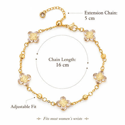 Lucky Clover Bracelet for Women 14K Gold Plated Sparkling CZ Flower Charm Bracelet Adjustable Chain Jewelry Elegant Gift