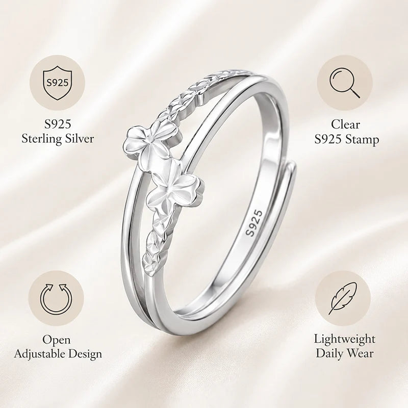 S925 Sterling Silver Triple Flower Open Ring Double Layer Adjustable Ring Minimalist Dainty Floral Jewelry for Women