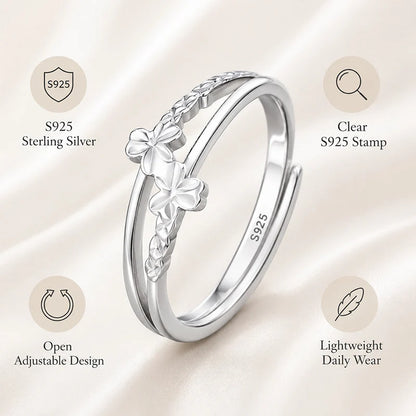 S925 Sterling Silver Triple Flower Open Ring Double Layer Adjustable Ring Minimalist Dainty Floral Jewelry for Women