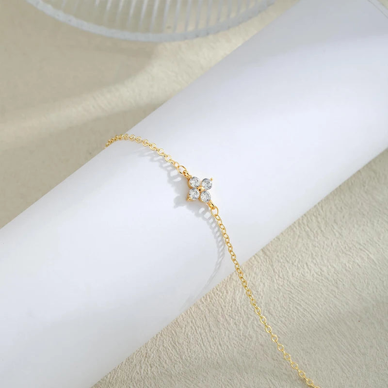 14K Gold/Silver Plated Flower Bracelets for Women Cubic Zirconia Four Clover Leaf Charm Dainty Bracelets Shiny Jewelry Gifts
