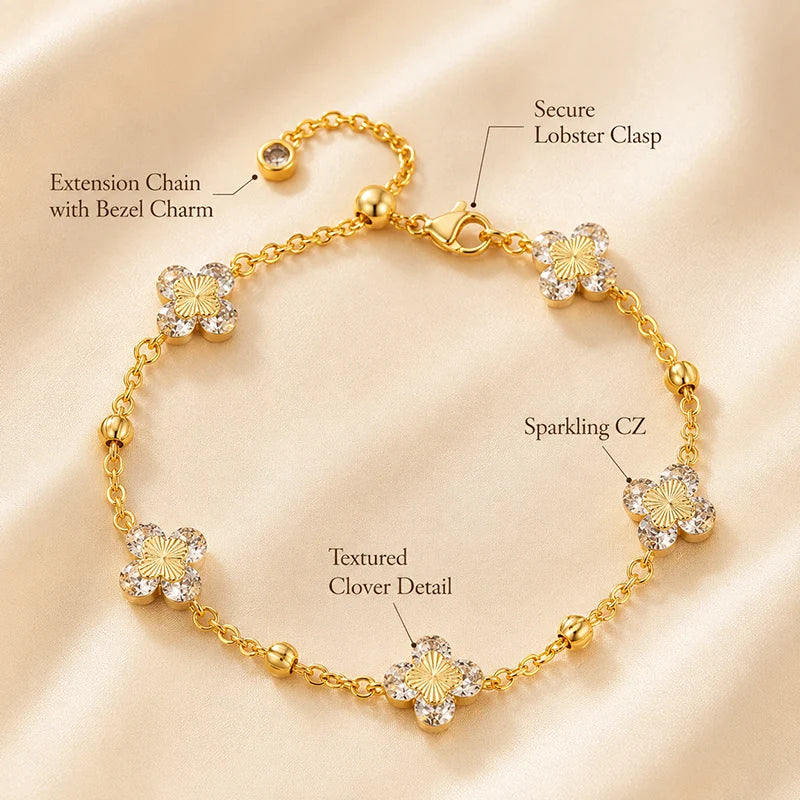 Lucky Clover Bracelet for Women 14K Gold Plated Sparkling CZ Flower Charm Bracelet Adjustable Chain Jewelry Elegant Gift