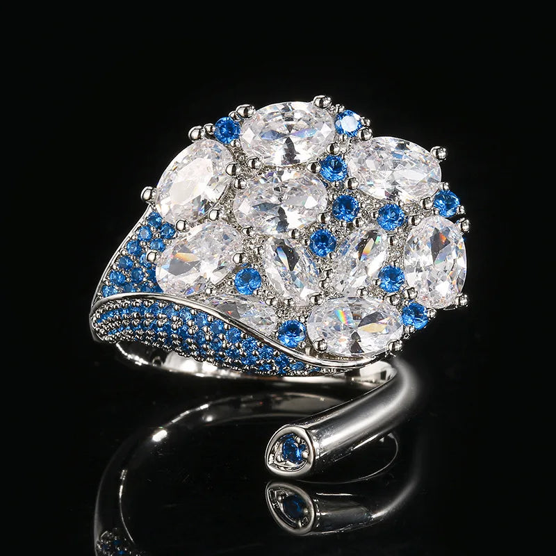 S925 Silver Multi-Color CZ Peacock Open Ring Fine Ruby Blue Kyanite Sparkling Adjustable Statement Ring for Women Jewelry Gifts