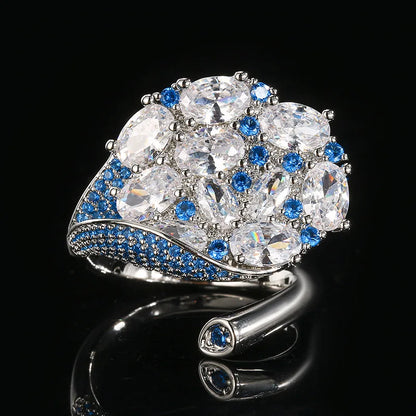 S925 Silver Multi-Color CZ Peacock Open Ring Fine Ruby Blue Kyanite Sparkling Adjustable Statement Ring for Women Jewelry Gifts