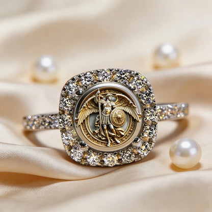 Vintage Archangel Michael Ring Religious Statement Ring Zircon Halo Gothic Cross Jewelry for Men Women Spiritual Gift