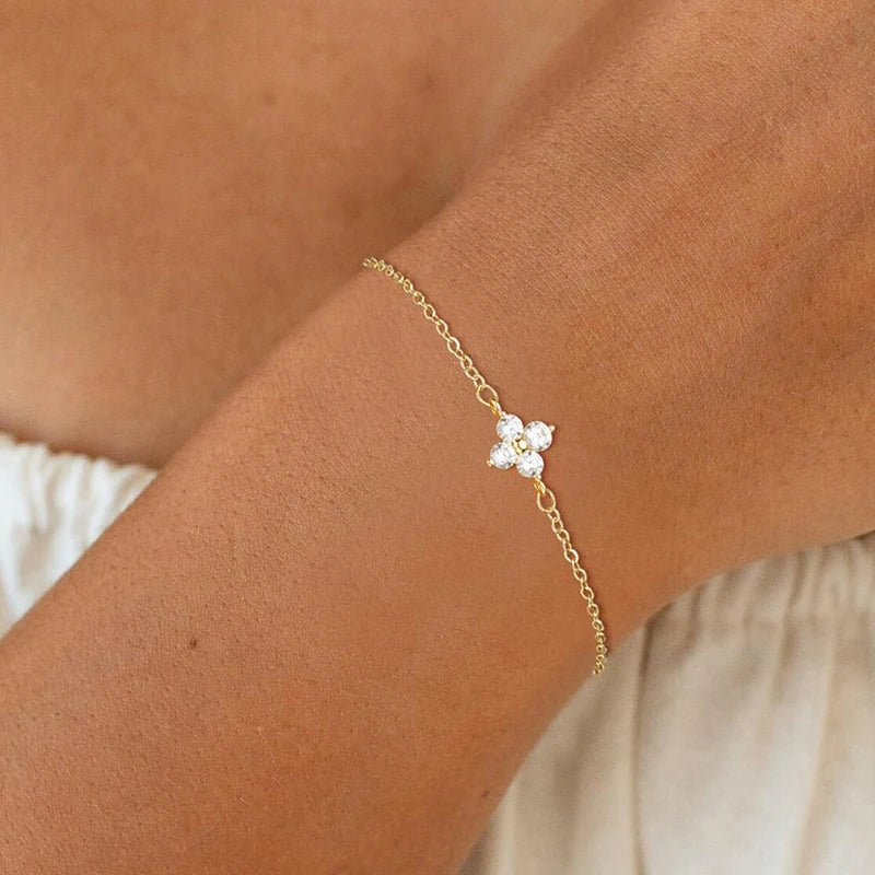 14K Gold/Silver Plated Flower Bracelets for Women Cubic Zirconia Four Clover Leaf Charm Dainty Bracelets Shiny Jewelry Gifts