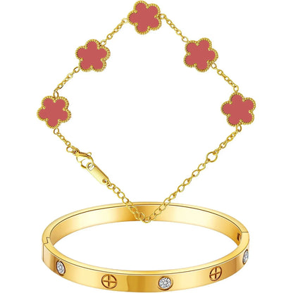 18K Gold Plated Bracelets for Women-2Pcs Love Cubic Zirconia Lucky Five Leaf Link Bracelets Dainty Bangle Stack Jewelry Set Gift