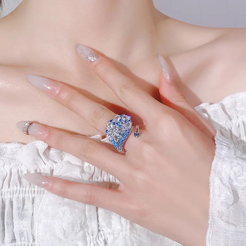 S925 Silver Multi-Color CZ Peacock Open Ring Fine Ruby Blue Kyanite Sparkling Adjustable Statement Ring for Women Jewelry Gifts