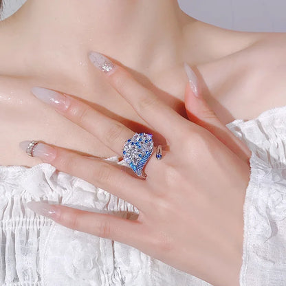 S925 Silver Multi-Color CZ Peacock Open Ring Fine Ruby Blue Kyanite Sparkling Adjustable Statement Ring for Women Jewelry Gifts