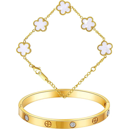 18K Gold Plated Bracelets for Women-2Pcs Love Cubic Zirconia Lucky Five Leaf Link Bracelets Dainty Bangle Stack Jewelry Set Gift