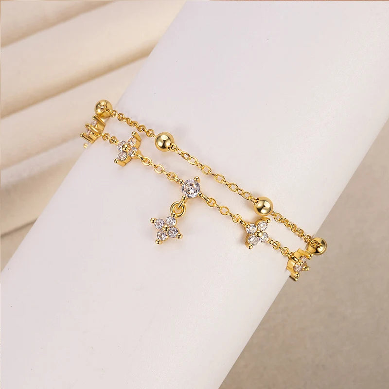 14K Gold Plated Clover Bracelet for Women Beaded Stackable Charm Bracelet Lucky Jewelry Gift